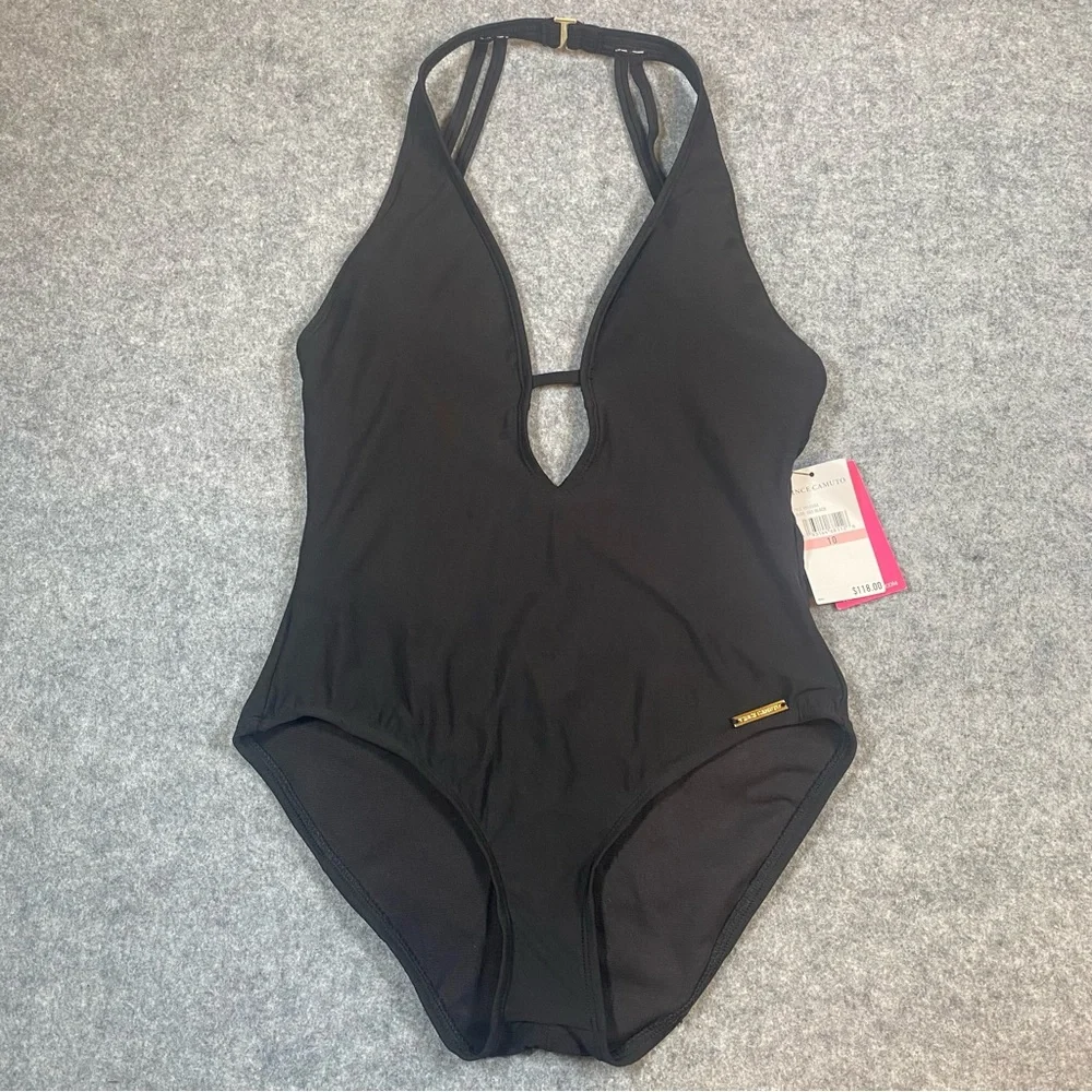 NWT Vince Camuto Plunge Neck Halter Open Back One-Piece Swimsuit Size 10 Black - Picture 12 of 12
